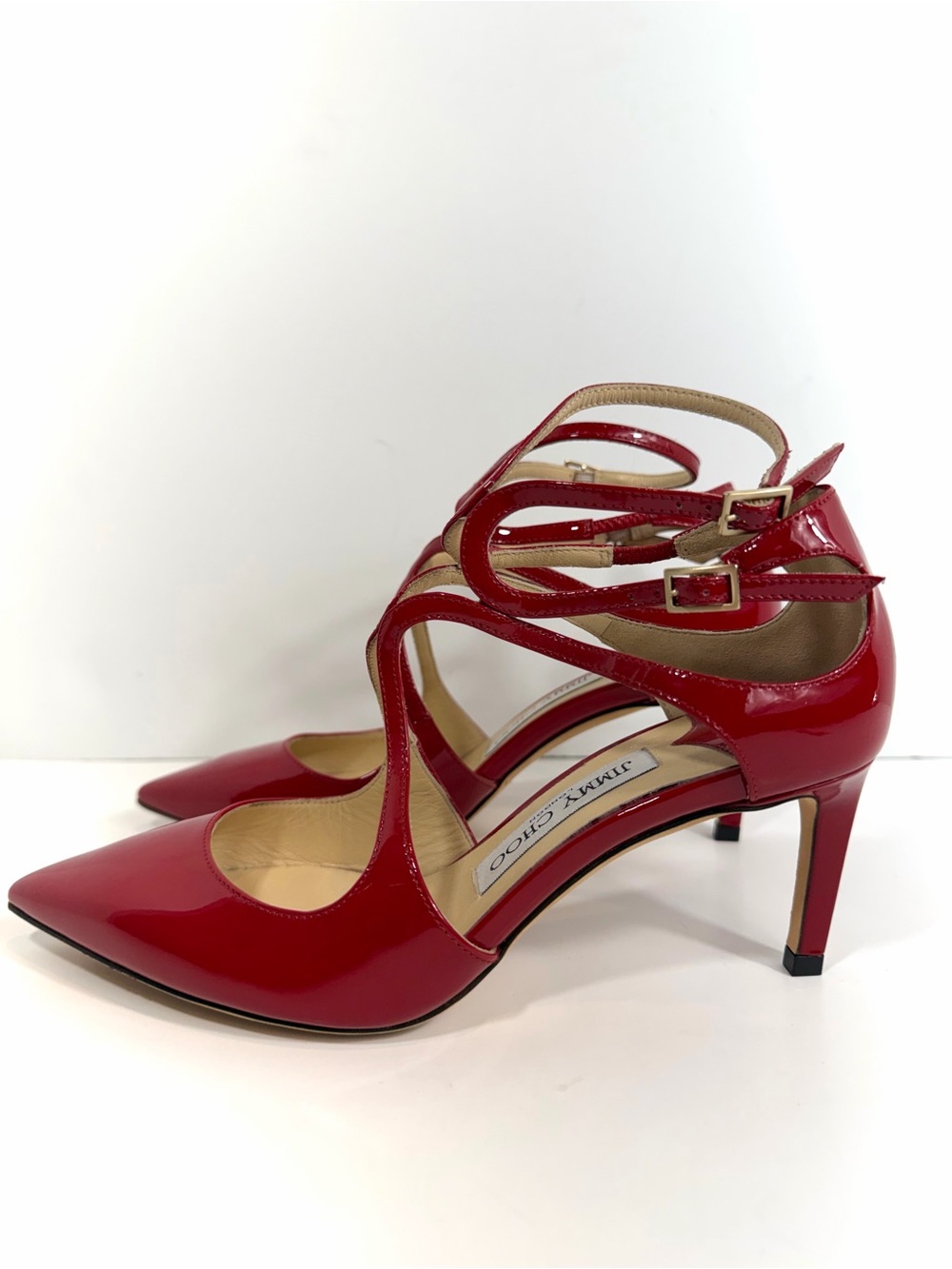 Jimmy Choo Red Patent Leather Strappy Pointed Toe Pumps - Size 36 - Picture 9 of 13